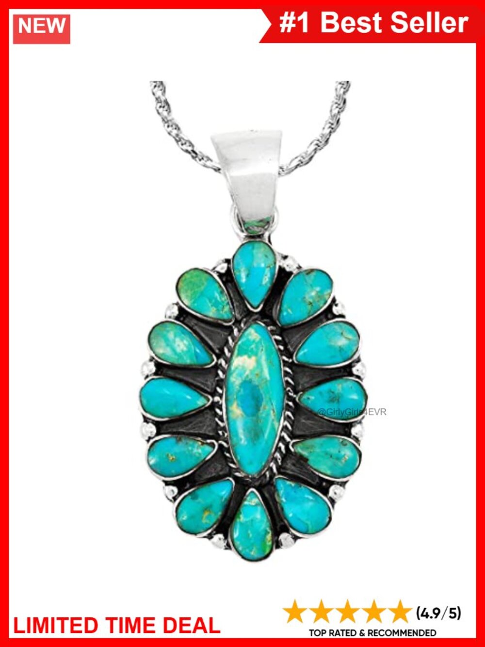 925 Sterling Silver Turquoise Pendant Necklace 20" Rope Chain